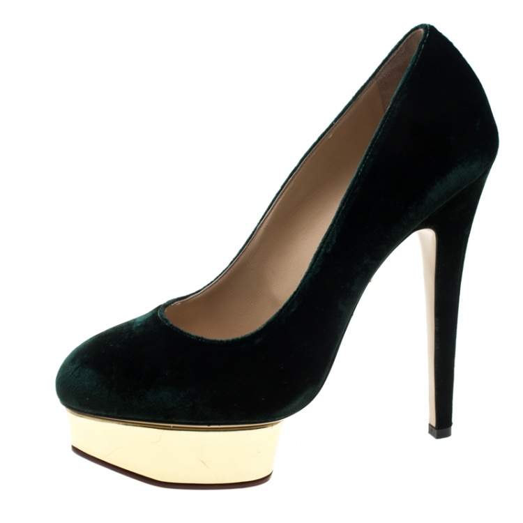 Pre Owned Charlotte Olympia Green Velvet Dolly Platform Pumps Size 40