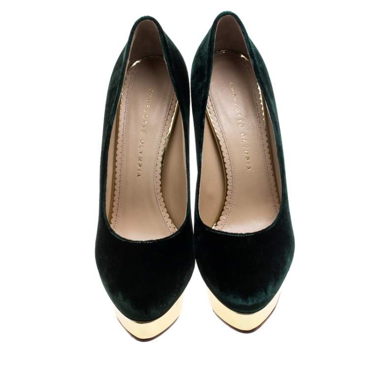 Pre Owned Charlotte Olympia Green Velvet Dolly Platform Pumps Size 40