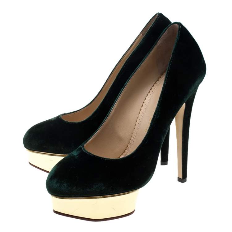 Pre Owned Charlotte Olympia Green Velvet Dolly Platform Pumps Size 40