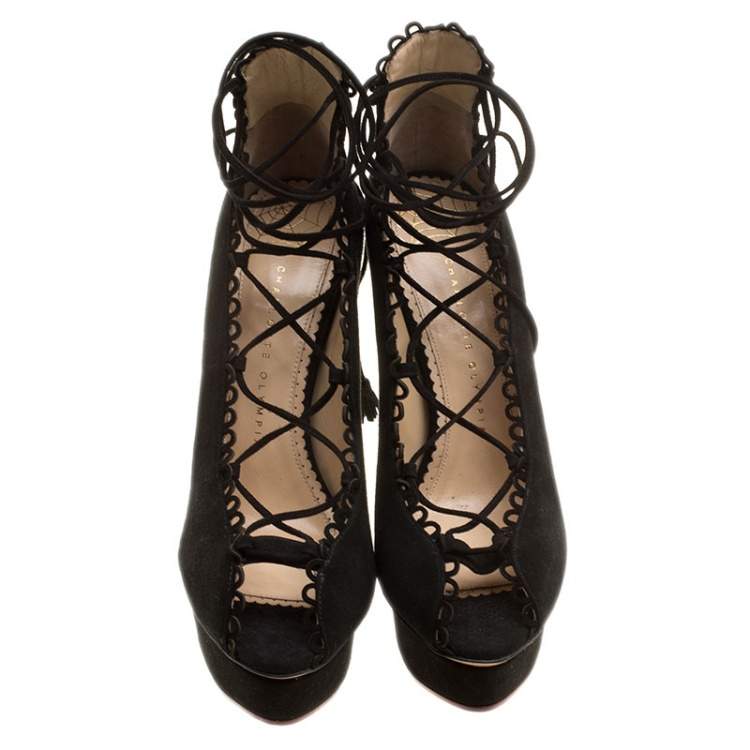Pre Owned Charlotte Olympia Black Suede Gladys Scallop Trim Lace Up Open Toe Platform Pumps Size 39