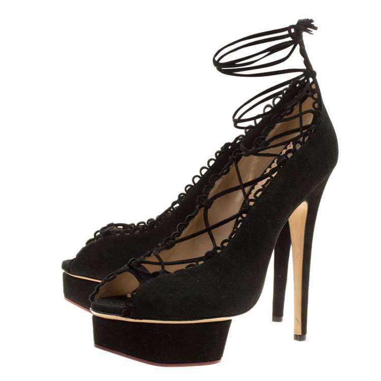 Pre Owned Charlotte Olympia Black Suede Gladys Scallop Trim Lace Up Open Toe Platform Pumps Size 39