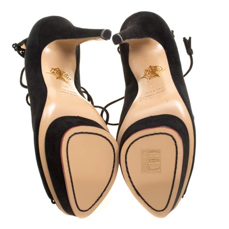 Pre Owned Charlotte Olympia Black Suede Gladys Scallop Trim Lace Up Open Toe Platform Pumps Size 39
