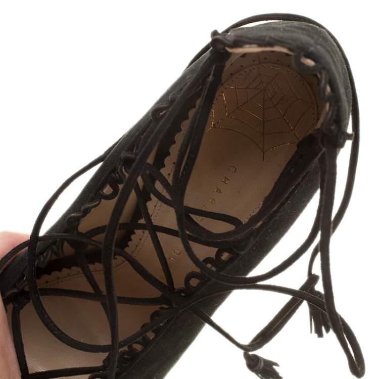 Pre Owned Charlotte Olympia Black Suede Gladys Scallop Trim Lace Up Open Toe Platform Pumps Size 39