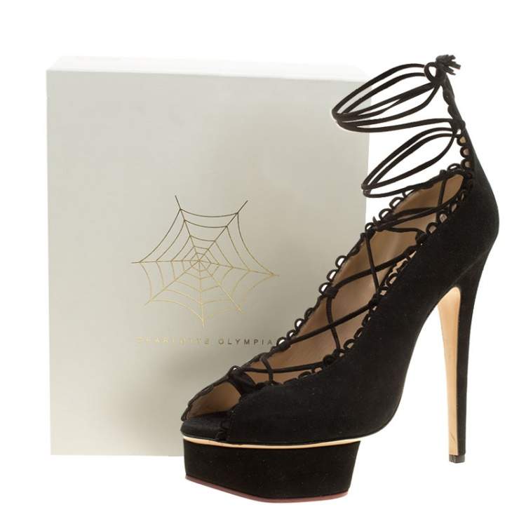 Pre Owned Charlotte Olympia Black Suede Gladys Scallop Trim Lace Up Open Toe Platform Pumps Size 39