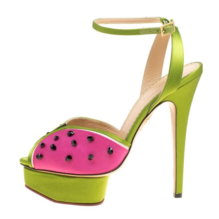 Pre Owned Charlotte Olympia Tricolor Satin Mouthwatering Crystal Embellished Platform Sandals Size 39