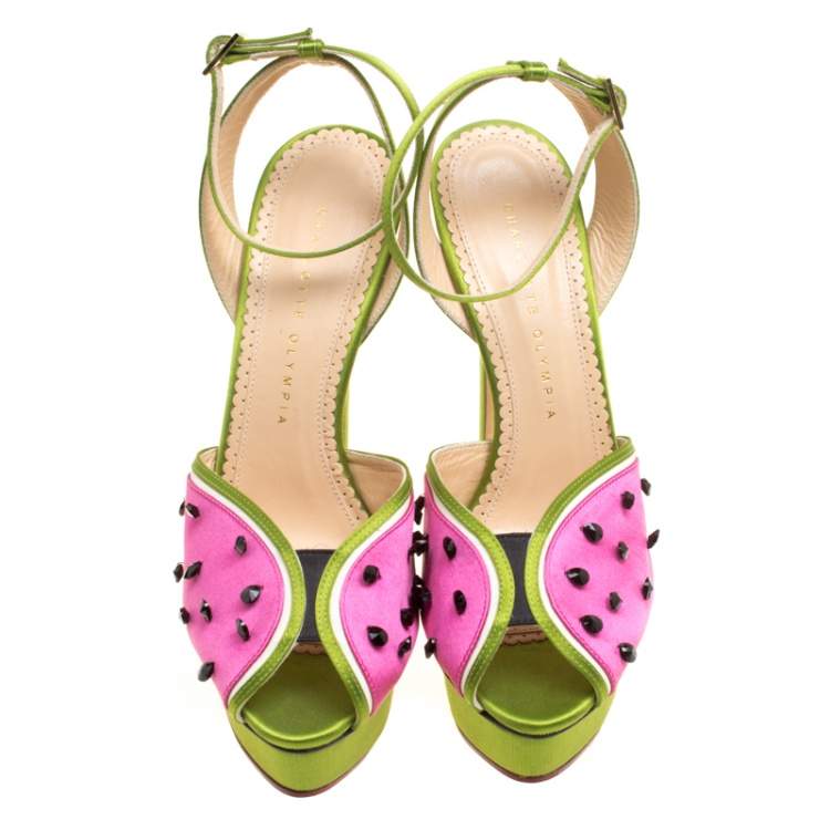 Pre Owned Charlotte Olympia Tricolor Satin Mouthwatering Crystal Embellished Platform Sandals Size 39