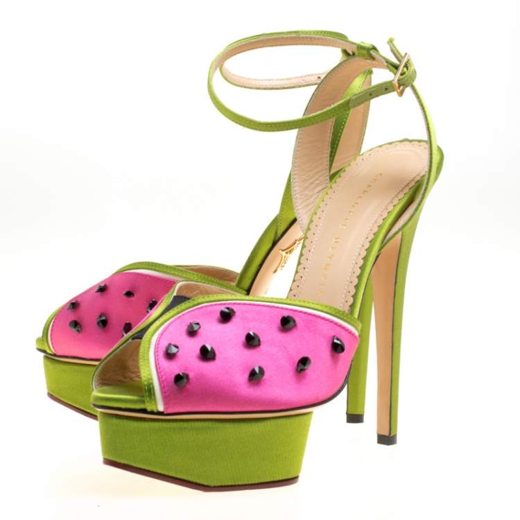 Pre Owned Charlotte Olympia Tricolor Satin Mouthwatering Crystal Embellished Platform Sandals Size 39