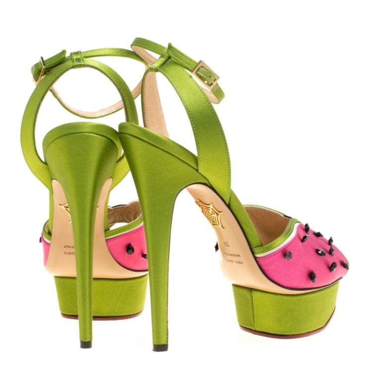 Pre Owned Charlotte Olympia Tricolor Satin Mouthwatering Crystal Embellished Platform Sandals Size 39