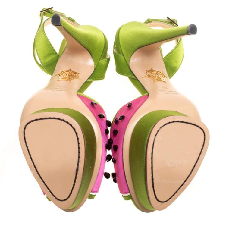 Pre Owned Charlotte Olympia Tricolor Satin Mouthwatering Crystal Embellished Platform Sandals Size 39
