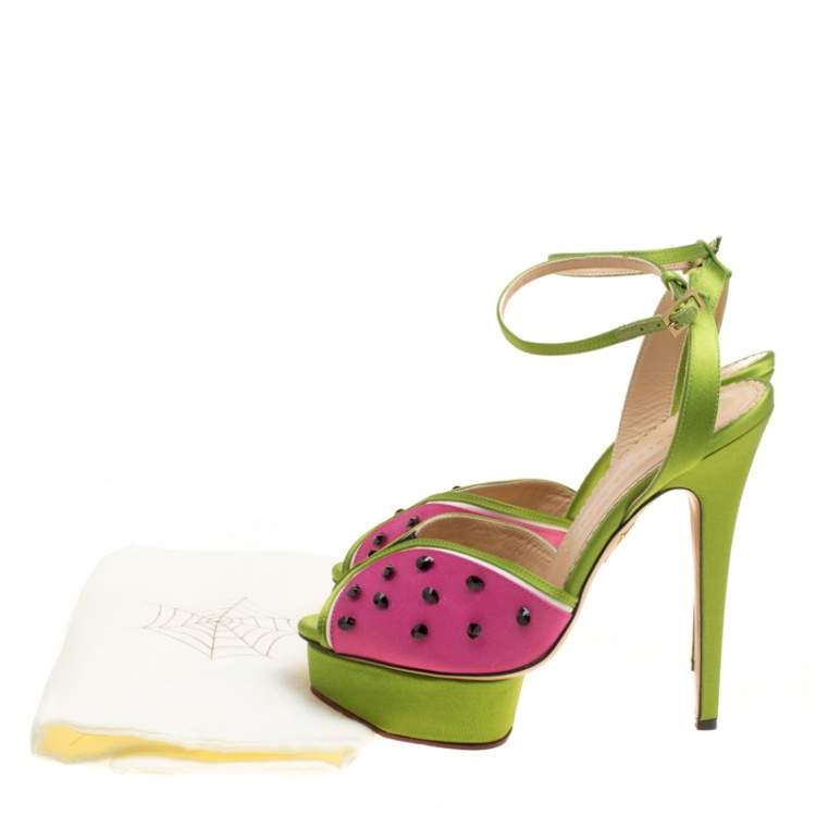 Pre Owned Charlotte Olympia Tricolor Satin Mouthwatering Crystal Embellished Platform Sandals Size 39