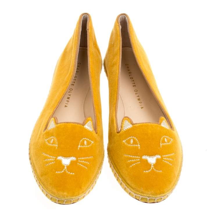 Pre Owned Charlotte Olympia Yellow Cotton Velvet Kitties Capri Cat Flats Size 38