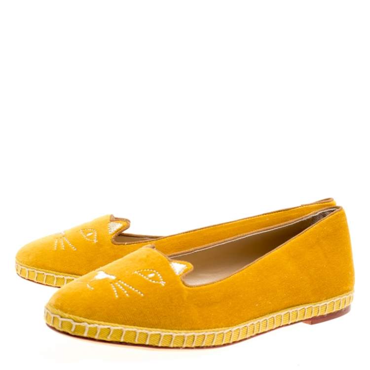Pre Owned Charlotte Olympia Yellow Cotton Velvet Kitties Capri Cat Flats Size 38