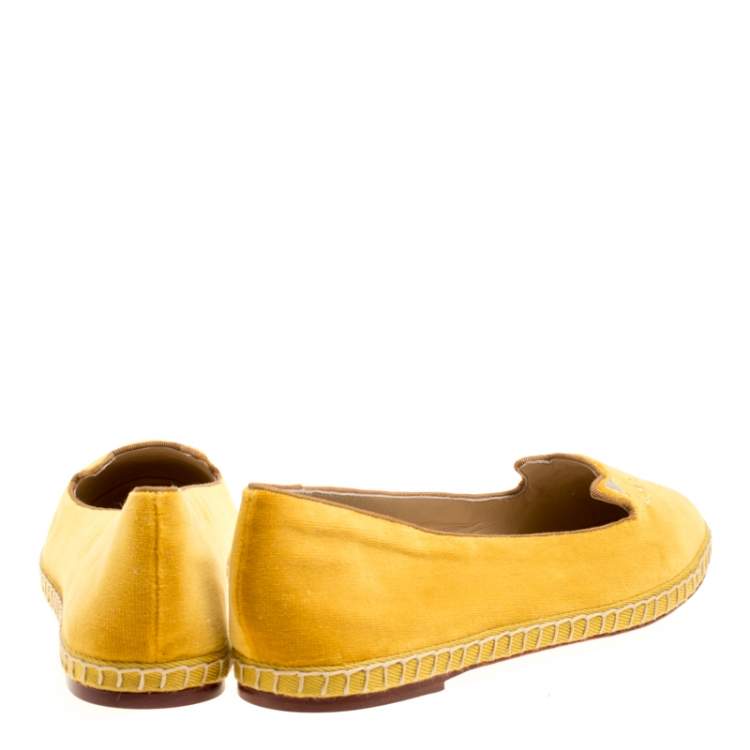 Pre Owned Charlotte Olympia Yellow Cotton Velvet Kitties Capri Cat Flats Size 38