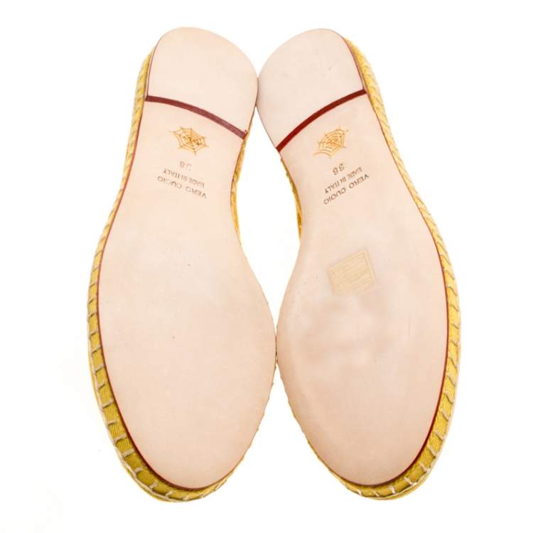 Pre Owned Charlotte Olympia Yellow Cotton Velvet Kitties Capri Cat Flats Size 38