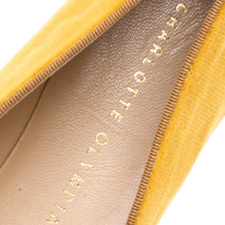 Pre Owned Charlotte Olympia Yellow Cotton Velvet Kitties Capri Cat Flats Size 38