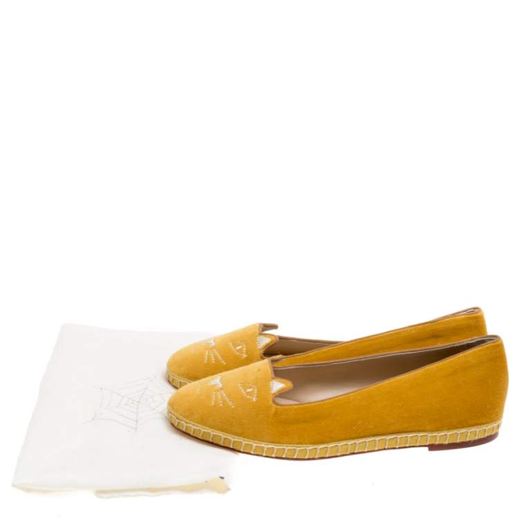 Pre Owned Charlotte Olympia Yellow Cotton Velvet Kitties Capri Cat Flats Size 38