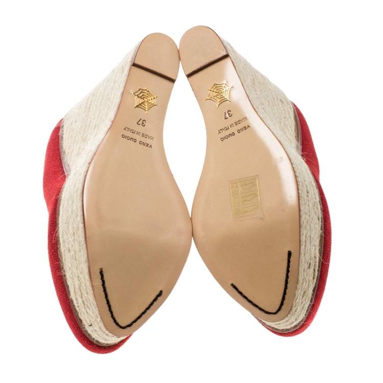 Pre Owned Charlotte Olympia Red Canvas Carmen Espadrille Platform Wedge Pumps Size 37