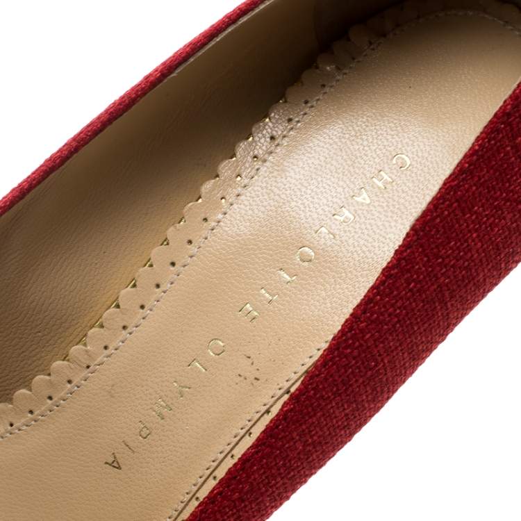 Pre Owned Charlotte Olympia Red Canvas Carmen Espadrille Platform Wedge Pumps Size 37