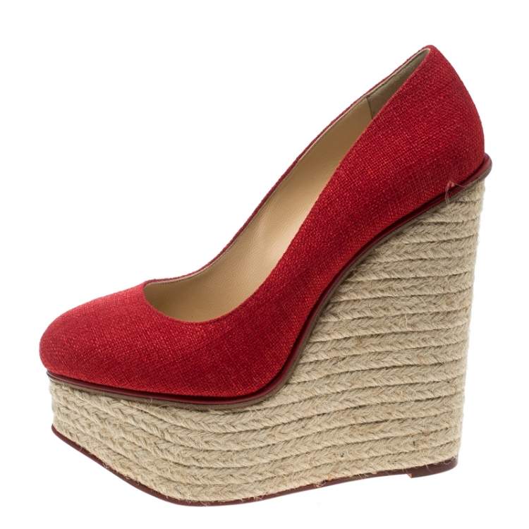 Pre Owned Charlotte Olympia Red Canvas Carmen Espadrille Platform Wedge Pumps Size 37