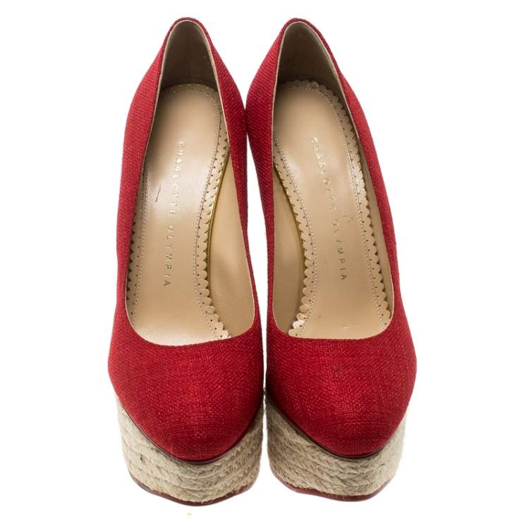 Pre Owned Charlotte Olympia Red Canvas Carmen Espadrille Platform Wedge Pumps Size 37
