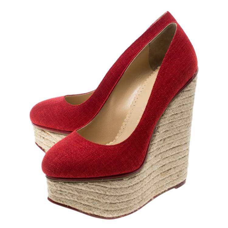 Pre Owned Charlotte Olympia Red Canvas Carmen Espadrille Platform Wedge Pumps Size 37