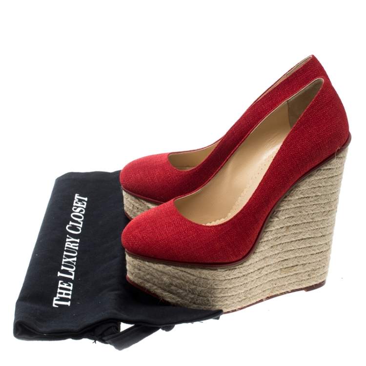 Pre Owned Charlotte Olympia Red Canvas Carmen Espadrille Platform Wedge Pumps Size 37