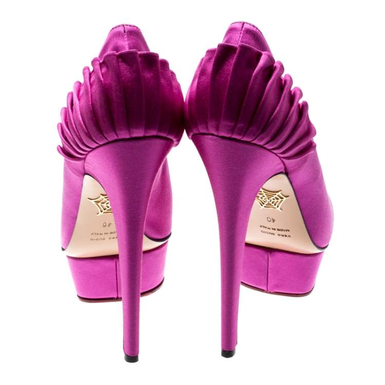 Pre Owned Charlotte Olympia Fuchsia Pink Satin Paloma Fan Pleat Platform Pumps Size 40