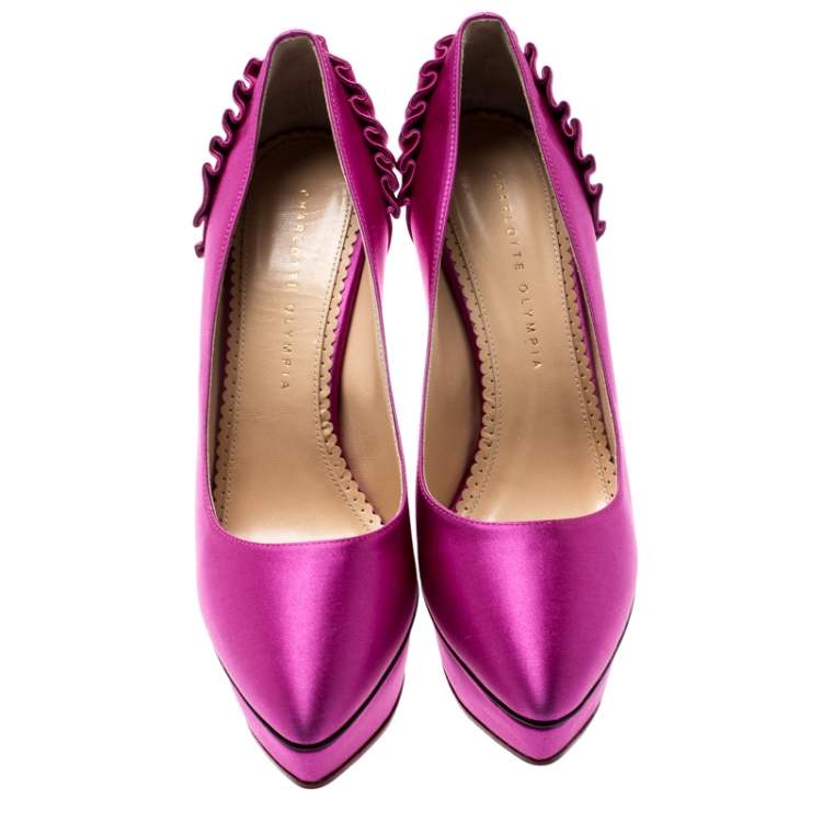 Pre Owned Charlotte Olympia Fuchsia Pink Satin Paloma Fan Pleat Platform Pumps Size 40