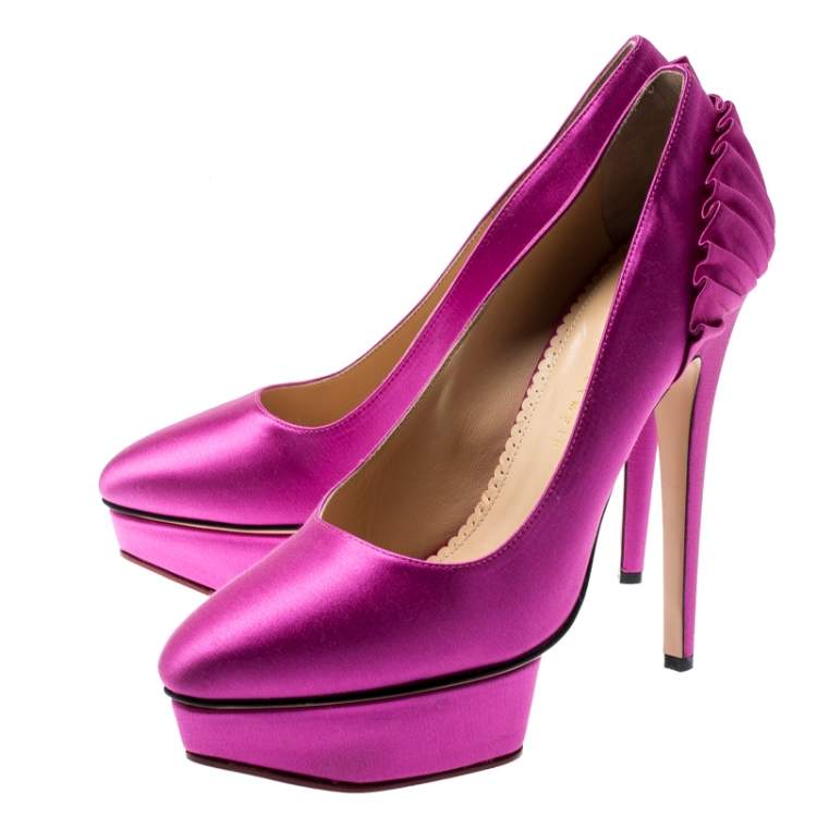 Pre Owned Charlotte Olympia Fuchsia Pink Satin Paloma Fan Pleat Platform Pumps Size 40