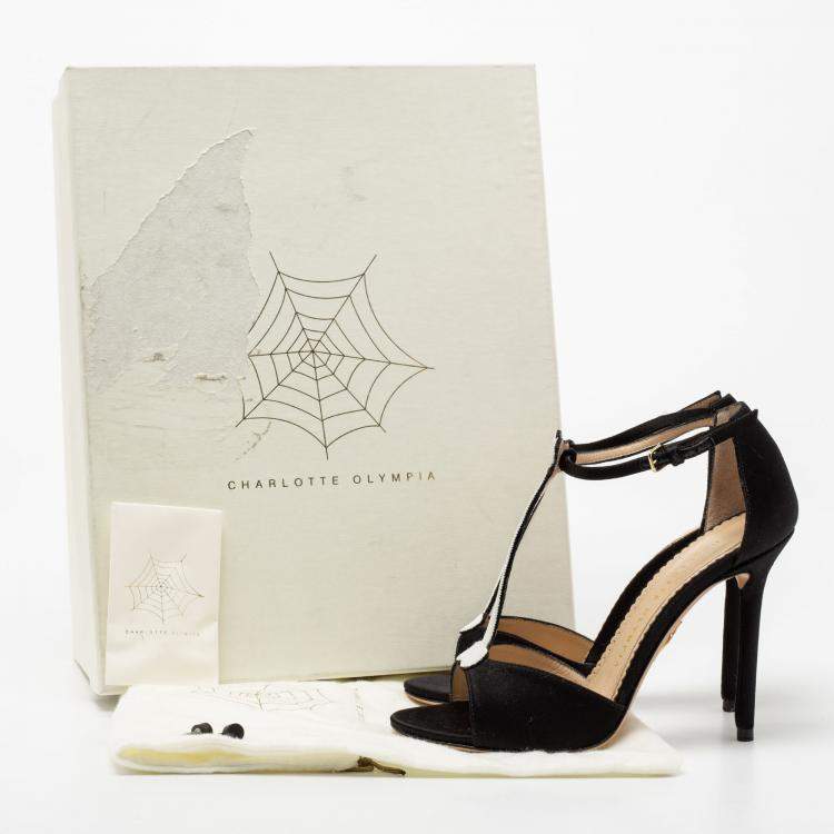 Pre Owned Charlotte Olympia Monochrome Satin Skeleton T Strap Sandals Size 36.5
