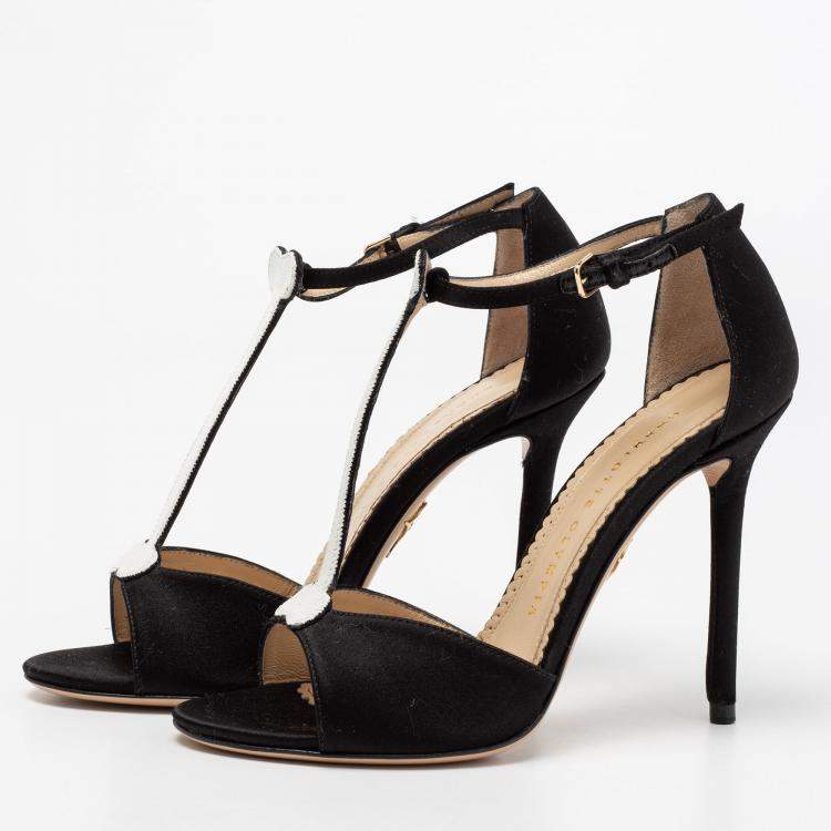 Pre Owned Charlotte Olympia Monochrome Satin Skeleton T Strap Sandals Size 36.5