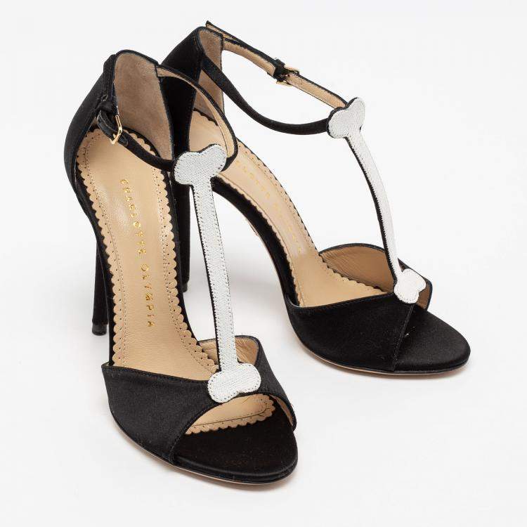 Pre Owned Charlotte Olympia Monochrome Satin Skeleton T Strap Sandals Size 36.5