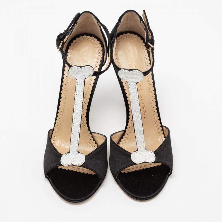 Pre Owned Charlotte Olympia Monochrome Satin Skeleton T Strap Sandals Size 36.5