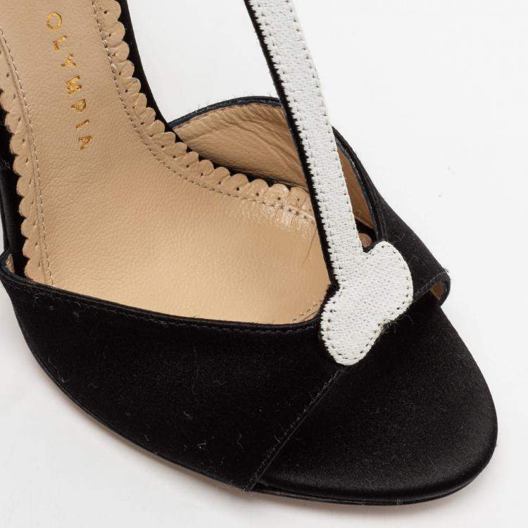 Pre Owned Charlotte Olympia Monochrome Satin Skeleton T Strap Sandals Size 36.5