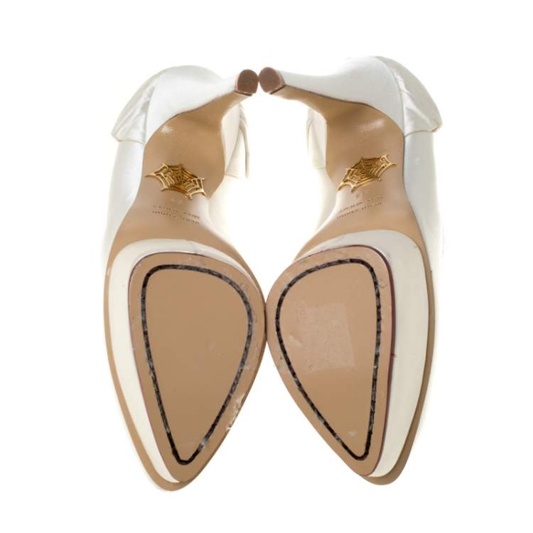 Pre Owned Charlotte Olympia White Satin Paloma Fan-Pleat Platform Pumps Size 34