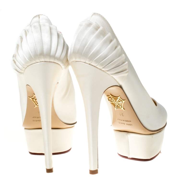 Pre Owned Charlotte Olympia White Satin Paloma Fan-Pleat Platform Pumps Size 34