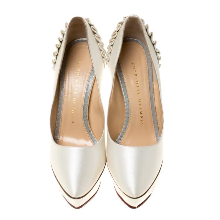 Pre Owned Charlotte Olympia White Satin Paloma Fan-Pleat Platform Pumps Size 34
