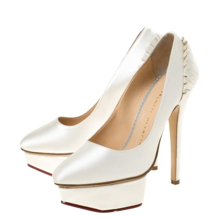 Pre Owned Charlotte Olympia White Satin Paloma Fan-Pleat Platform Pumps Size 34