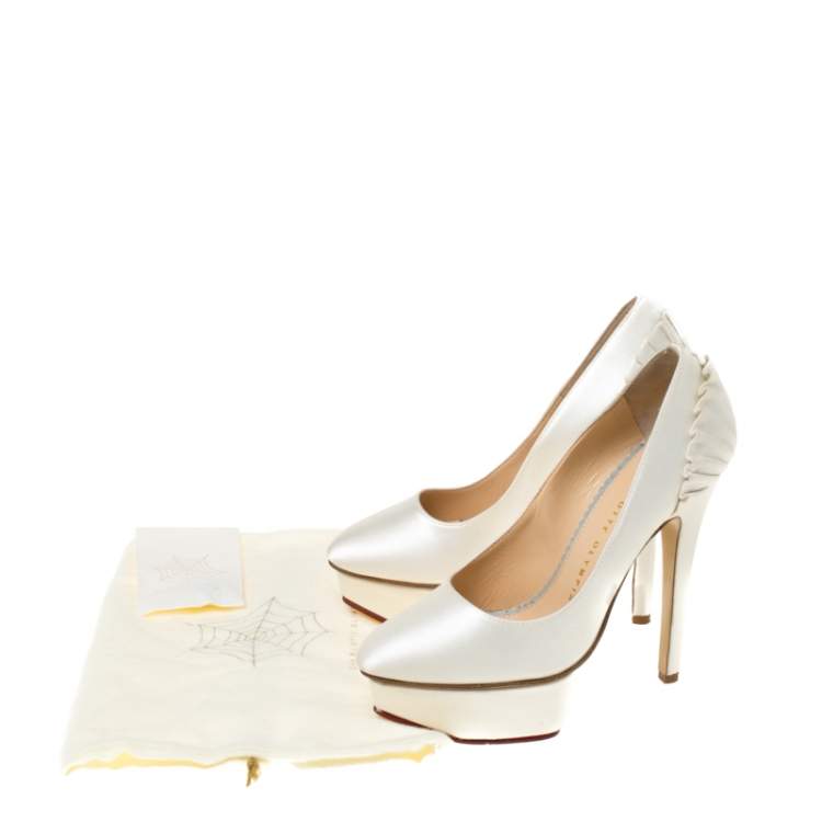 Pre Owned Charlotte Olympia White Satin Paloma Fan-Pleat Platform Pumps Size 34
