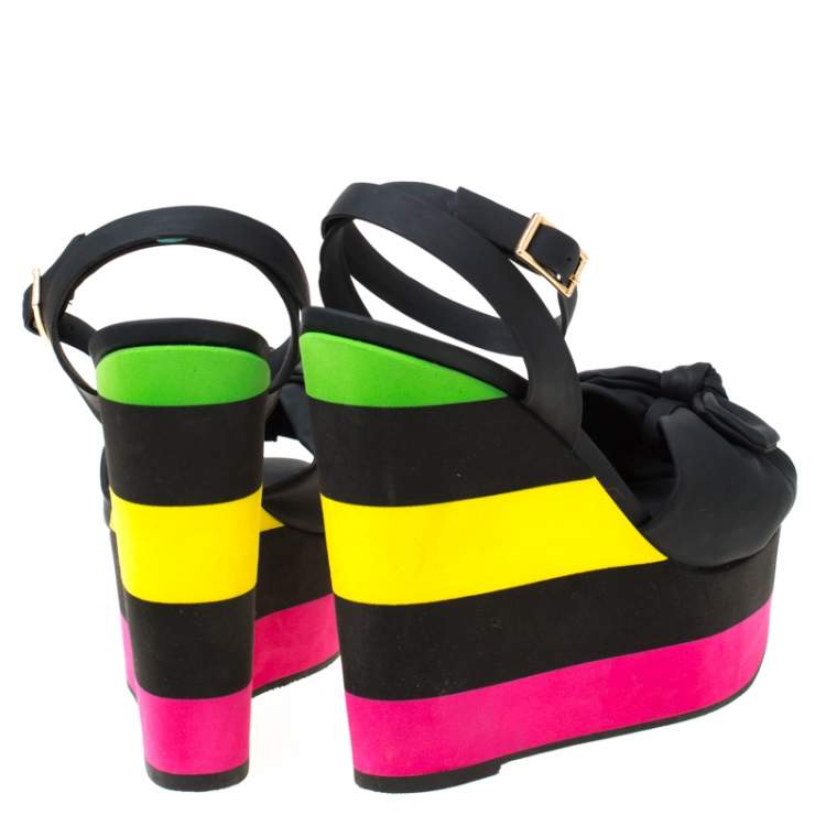 Pre Owned Charlotte Olympia Multicolor PUC Bow Detail Ankle Strap Wedge Sandals Size 38.5