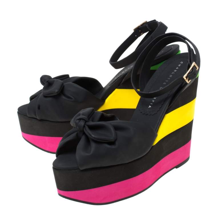 Pre Owned Charlotte Olympia Multicolor PUC Bow Detail Ankle Strap Wedge Sandals Size 38.5