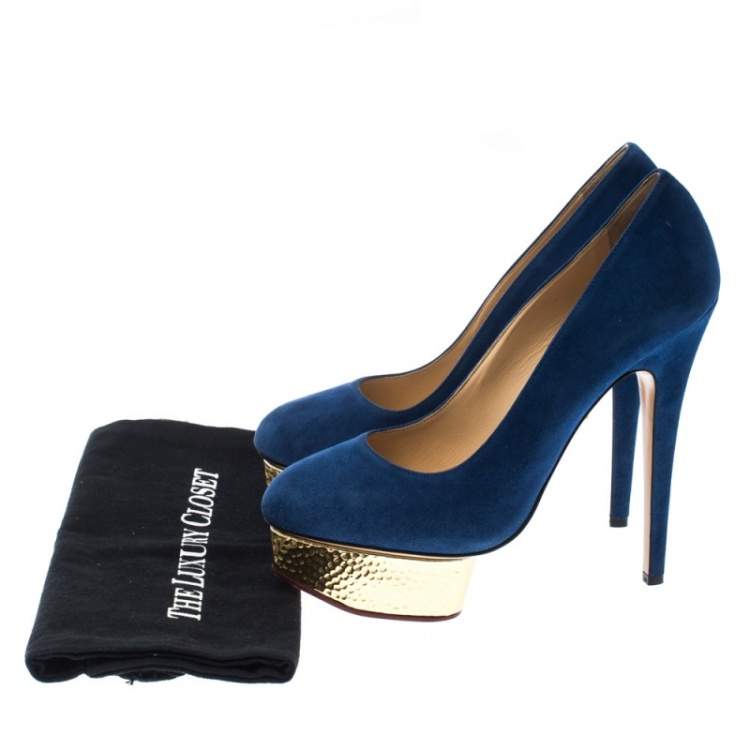 Pre Owned Charlotte Olympia Blue Suede Dolly Platform Pumps Size 39.5