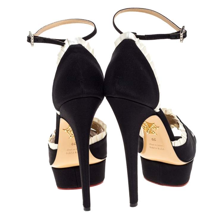 Pre Owned Charlotte Olympia Black/White Satin Masquerade Ankle Strap Platform Sandals Size 39