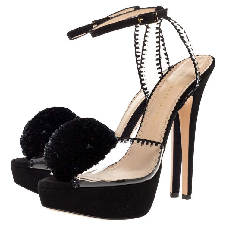 Pre Owned Charlotte Olympia Black Suede Leather And PVC Platform Ankle Strap Sandals Size 39