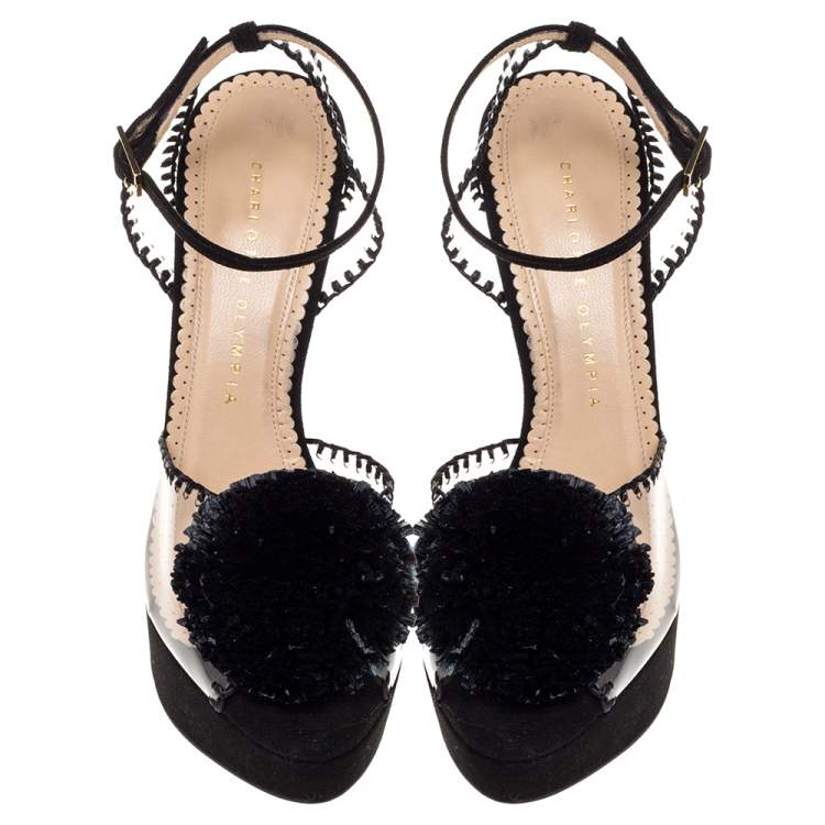 Pre Owned Charlotte Olympia Black Suede Leather And PVC Platform Ankle Strap Sandals Size 39