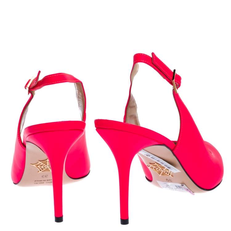 Pre Owned Charlotte Olympia Neon Pink Leather Slingback Court Pumps Size 39