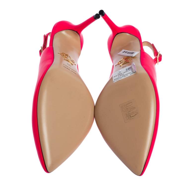Pre Owned Charlotte Olympia Neon Pink Leather Slingback Court Pumps Size 39