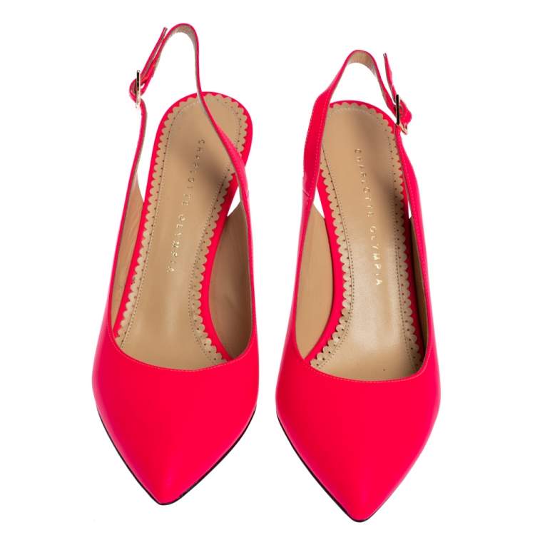 Pre Owned Charlotte Olympia Neon Pink Leather Slingback Court Pumps Size 39