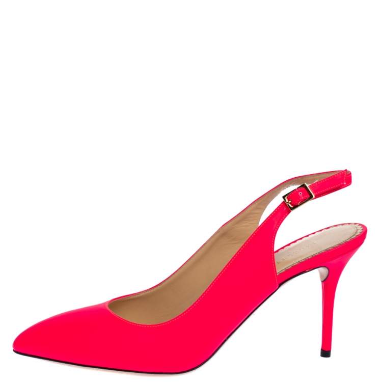 Pre Owned Charlotte Olympia Neon Pink Leather Slingback Court Pumps Size 39
