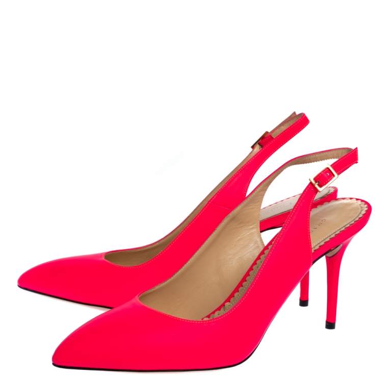 Pre Owned Charlotte Olympia Neon Pink Leather Slingback Court Pumps Size 39